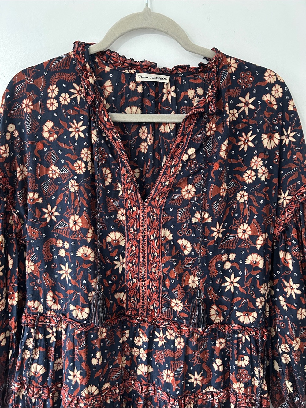 Ulla Johnson Marigold Dress Floral Mini Bohemian Tassel Tiered Babydoll Size 4 - Picture 3 of 16